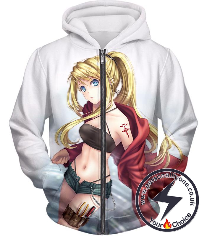 Fullmetal Alchemist Blonde Haired Anime Girl Winry Rockbell the Automation Geek Cool White Zip Up Hoodie